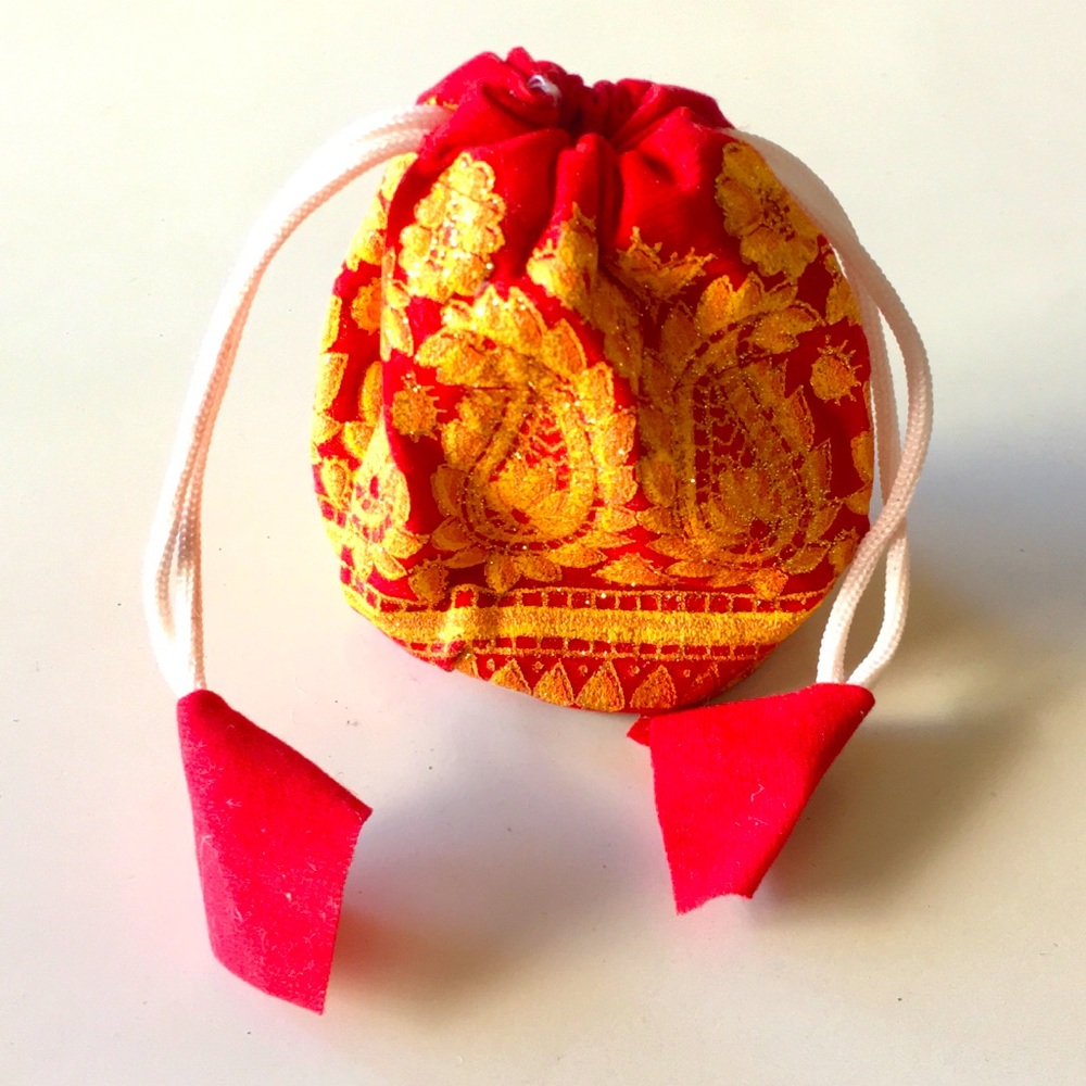 Red velvet painted drawstring small pouch - Indian